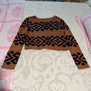 Minkpink Brown & Black Aztec Geometric Pattern Knit Crop Sweater